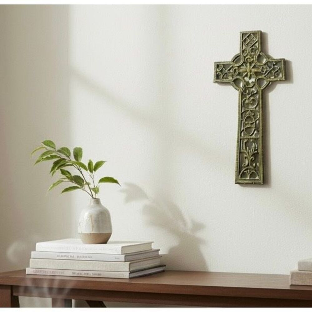Wrought Iron Wall Cross 20” Rustic Distressed Green Gold Scrollwork